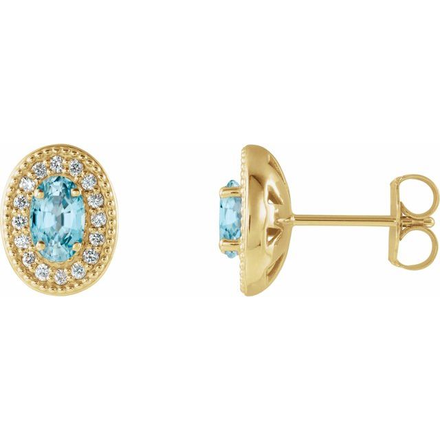 14K Yellow 5x3 mm Natural Blue Zircon & 1/8 CTW Natural Diamond Halo-Style Earrings