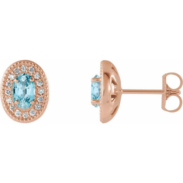 14K Rose 5x3 mm Natural Blue Zircon & 1/8 CTW Natural Diamond Halo-Style Earrings