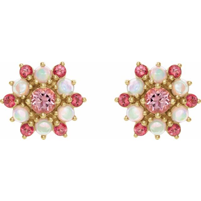 14K Yellow Natural Pink Tourmaline & Natural Ethiopian Opal Cabochon Earrings