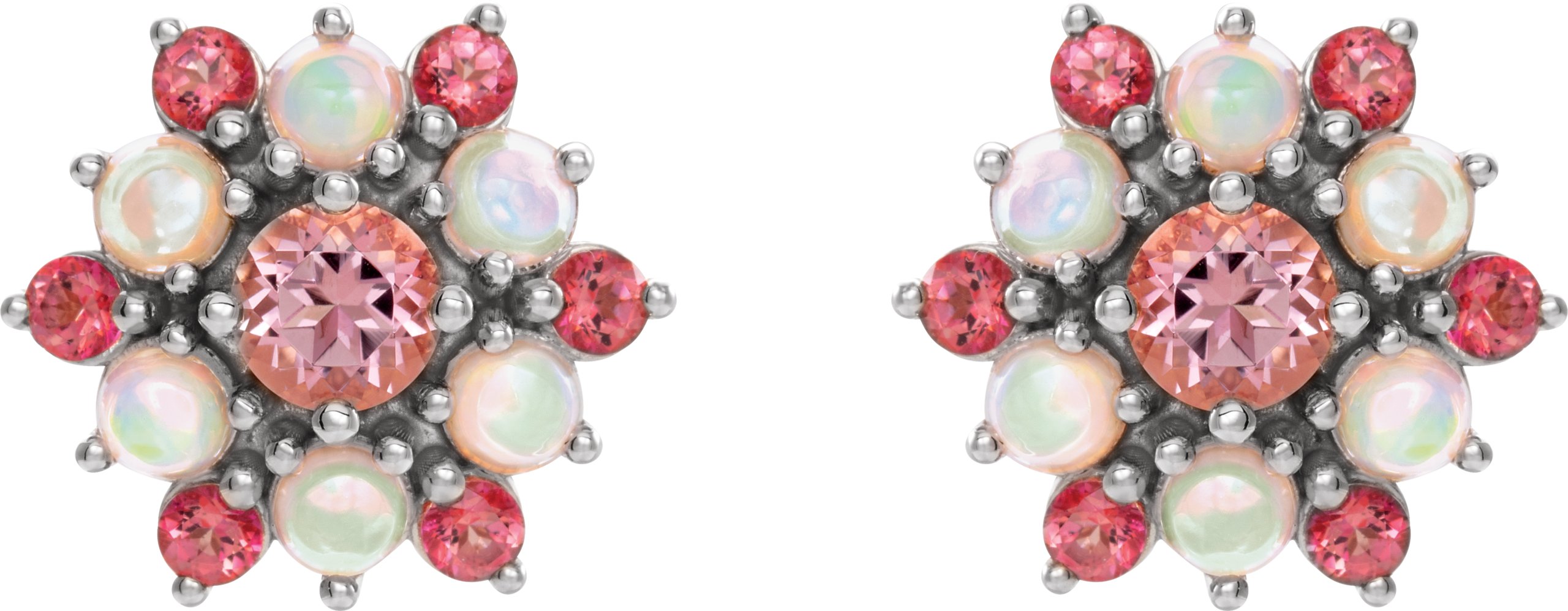 14K White Natural Pink Tourmaline & Natural Ethiopian Opal Cabochon Earrings