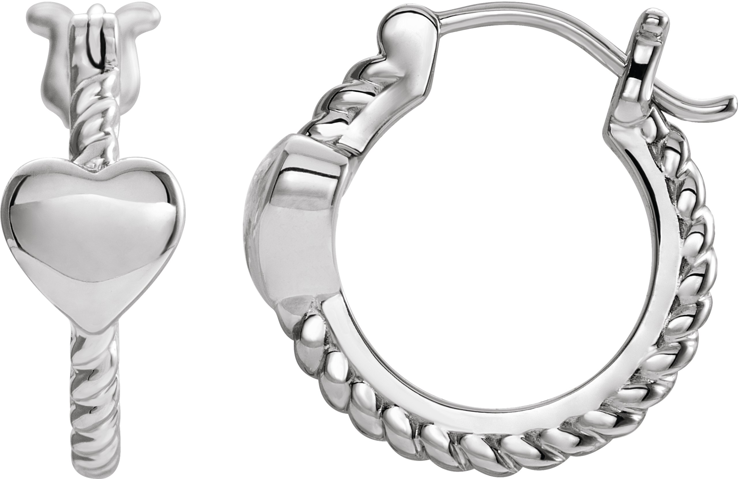 14K White 14 mm Heart Rope Hoop Earrings