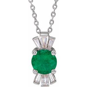 14K White Lab-Grown Emerald & 1/6 CTW Diamond 16-18" Necklace
