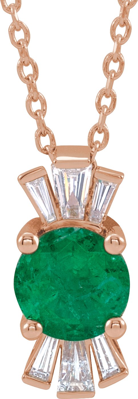 14K Rose Chatham® Lab-Created Emerald & 1/6 CTW Diamond 16-18" Necklace