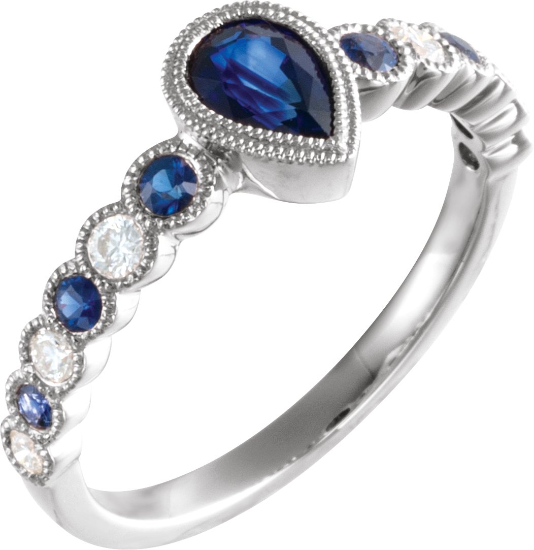 14K White Natural Blue Sapphire & 1/6 CTW Diamond Ring