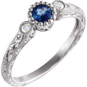 14K White Blue Sapphire & .04 CTW Diamond Ring