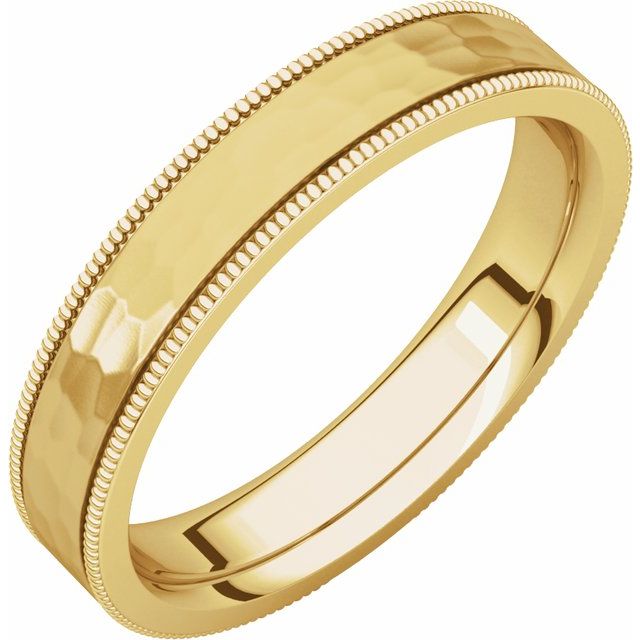 14K Yellow 4 mm Flat Milgrain Band with Satin & Hammered Texture Size 4.5
