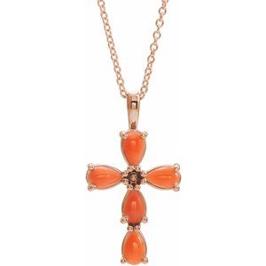 14K Rose Cabochon Pink Coral Cross 16-18" Necklace