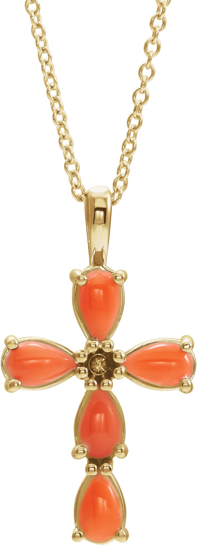 14K Yellow Cabochon Pink Coral Cross 16 18 inch Necklace Ref. 15318336