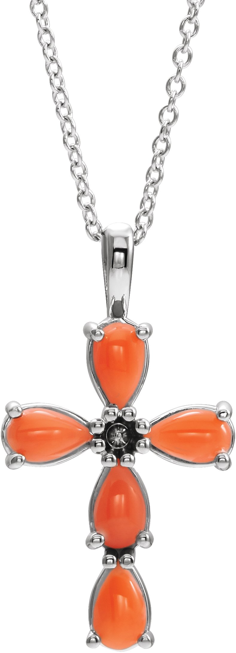 Sterling Silver Cabochon Pink Coral Cross 16 18 inch Necklace Ref. 15318339