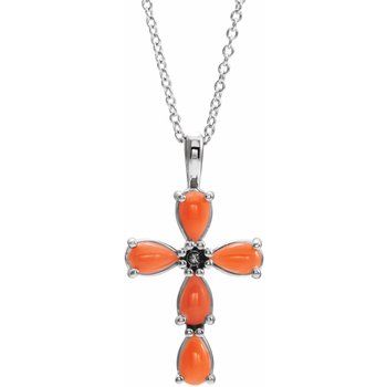 Sterling Silver Cabochon Pink Coral Cross 16 18 inch Necklace Ref. 15318339