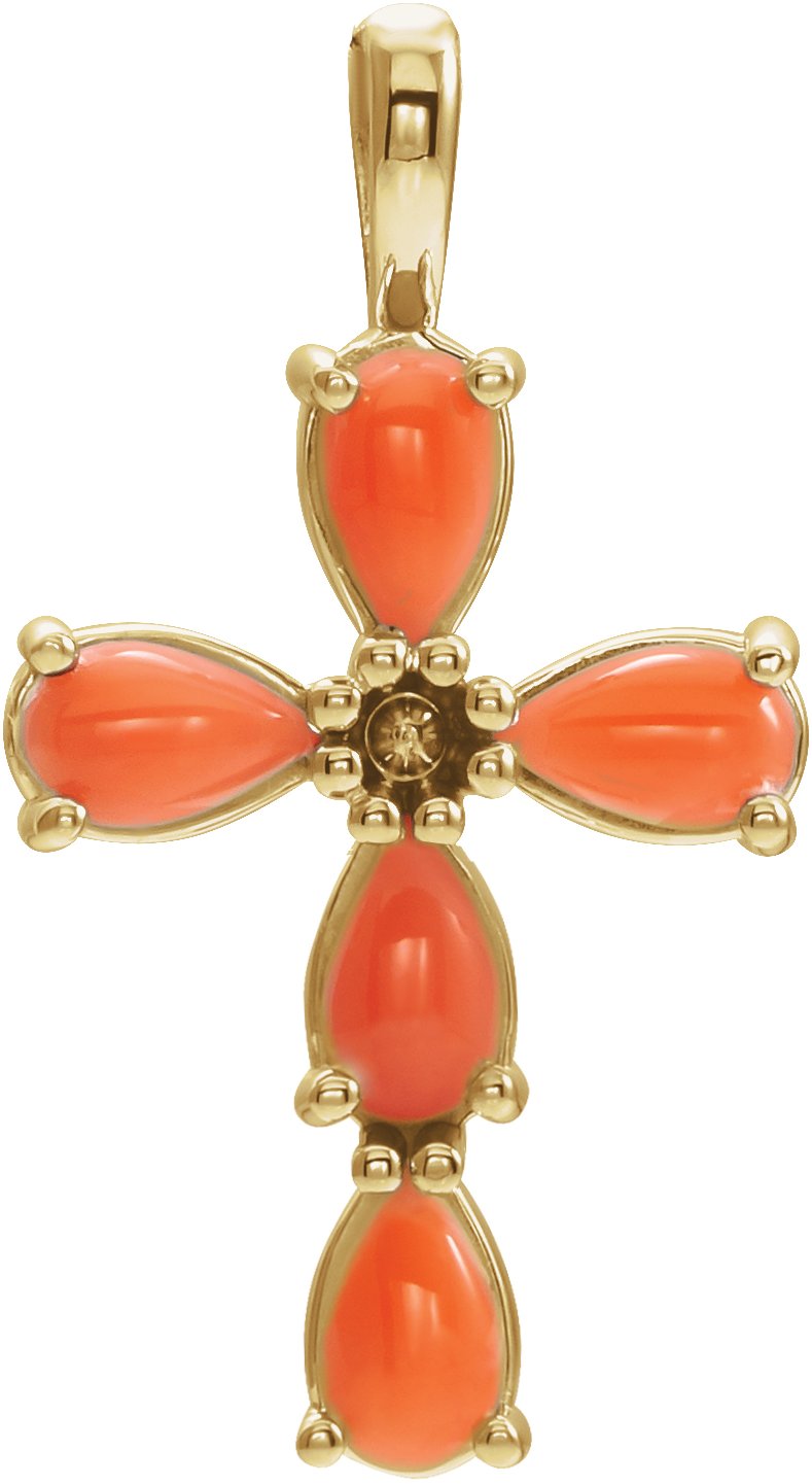 14K Yellow Cabochon Pink Coral Cross Pendant Ref. 15303494