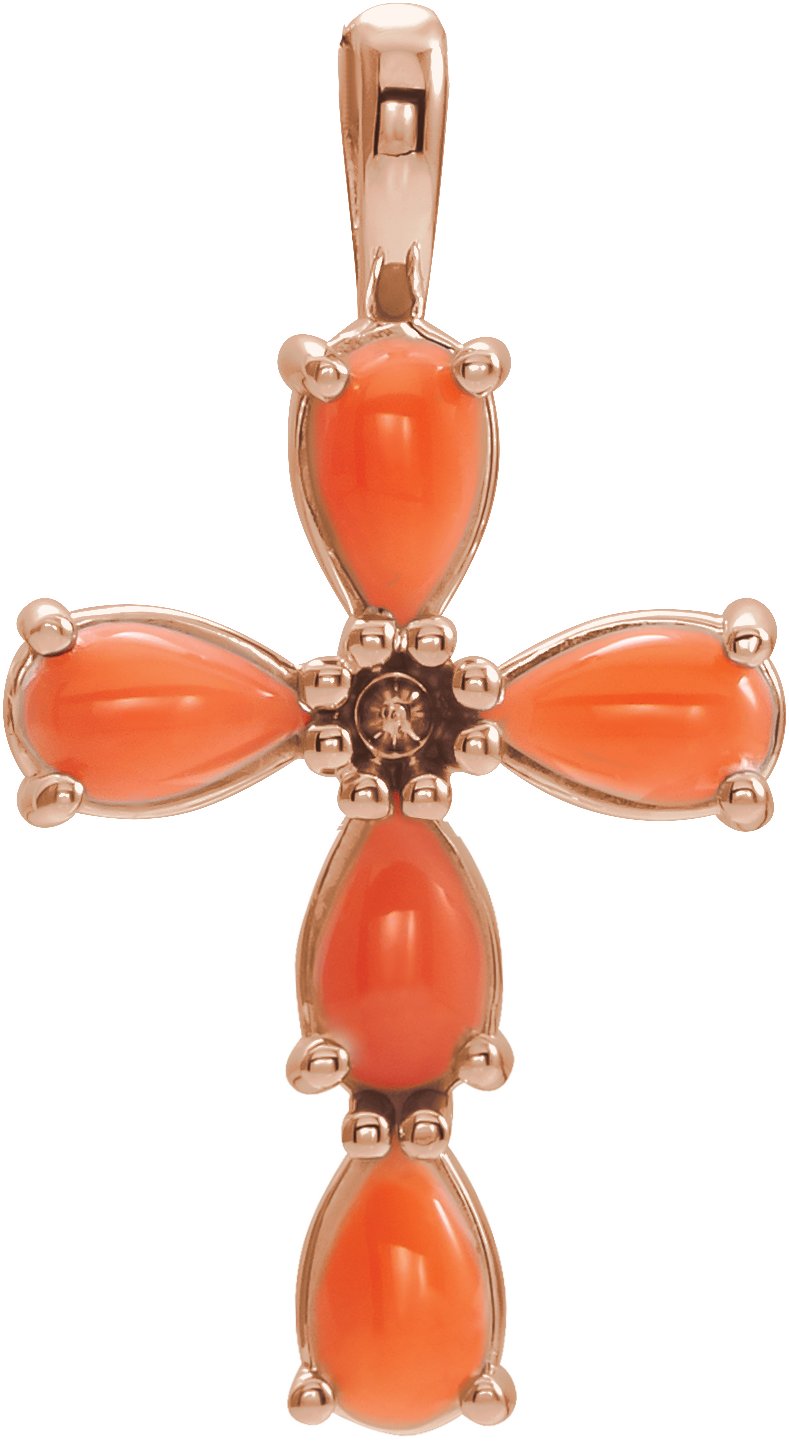 14K Rose Cabochon Pink Coral Cross Pendant Ref. 15303498