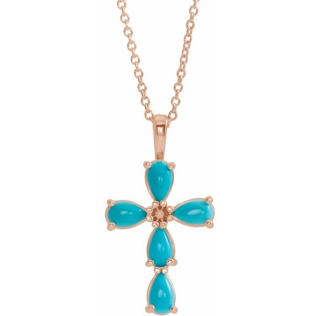 14K Rose Natural Turquoise Cabochon Cross 16-18