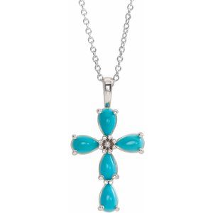 Sterling Silver Natural Turquoise Cabochon Cross 16-18" Necklace