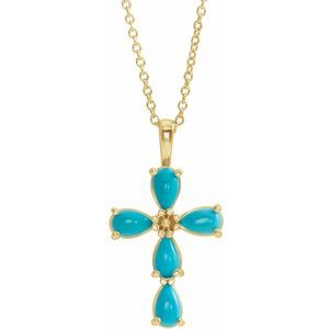 14K Yellow Natural Turquoise Cabochon Cross 16-18" Necklace