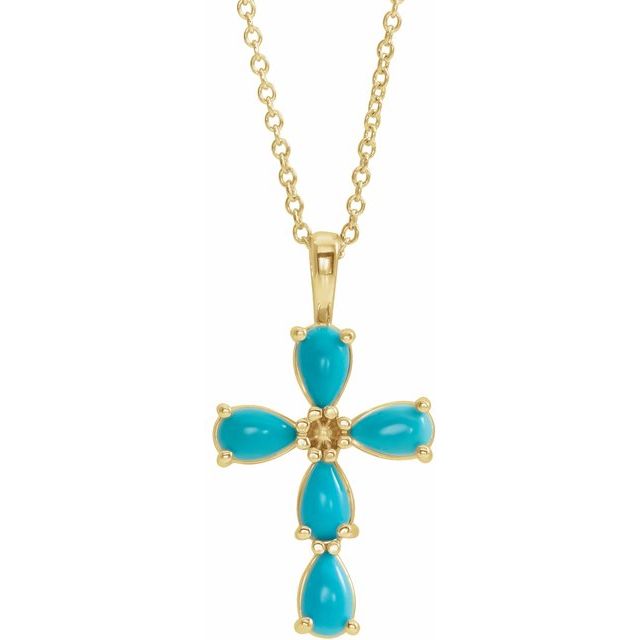 14K Yellow Natural Blue Turquoise Cabochon Cross 16-18