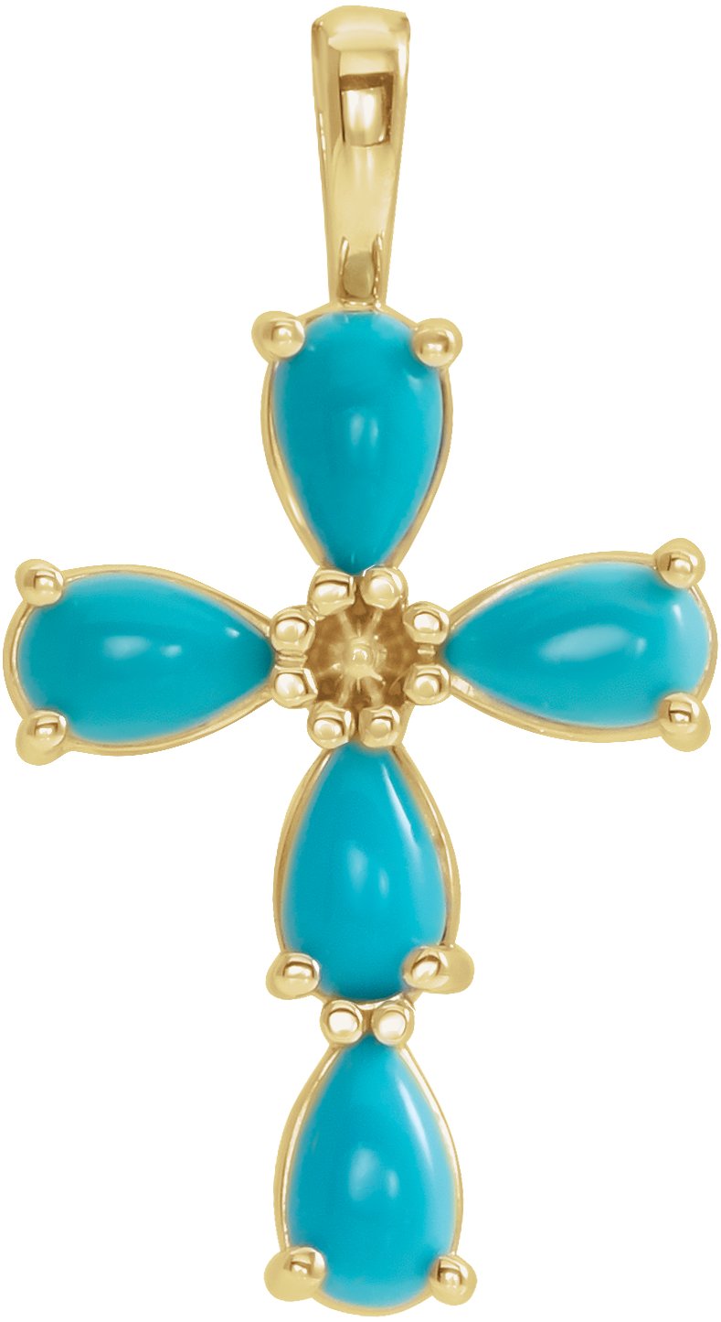 14K Yellow Natural Blue Turquoise Cabochon Cross Pendant