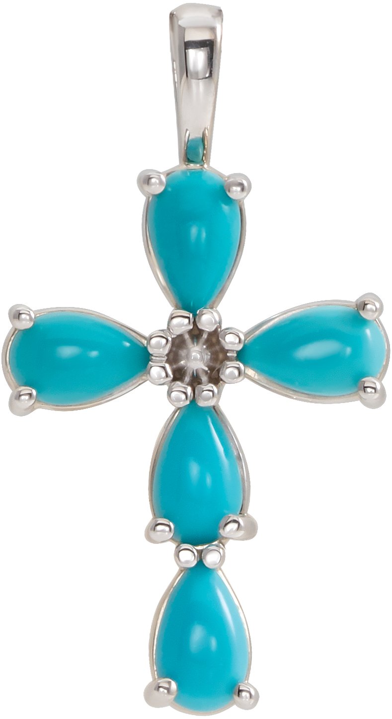 14K White Natural Turquoise Cabochon Cross Pendant