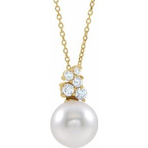 14K Yellow Cultured White Freshwater Pearl & 1/4 CTW Natural Diamond 16-18" Necklace