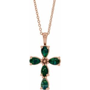 14K Rose Cabochon Lab-Grown Mosaic Opal Cross 16-18" Necklace