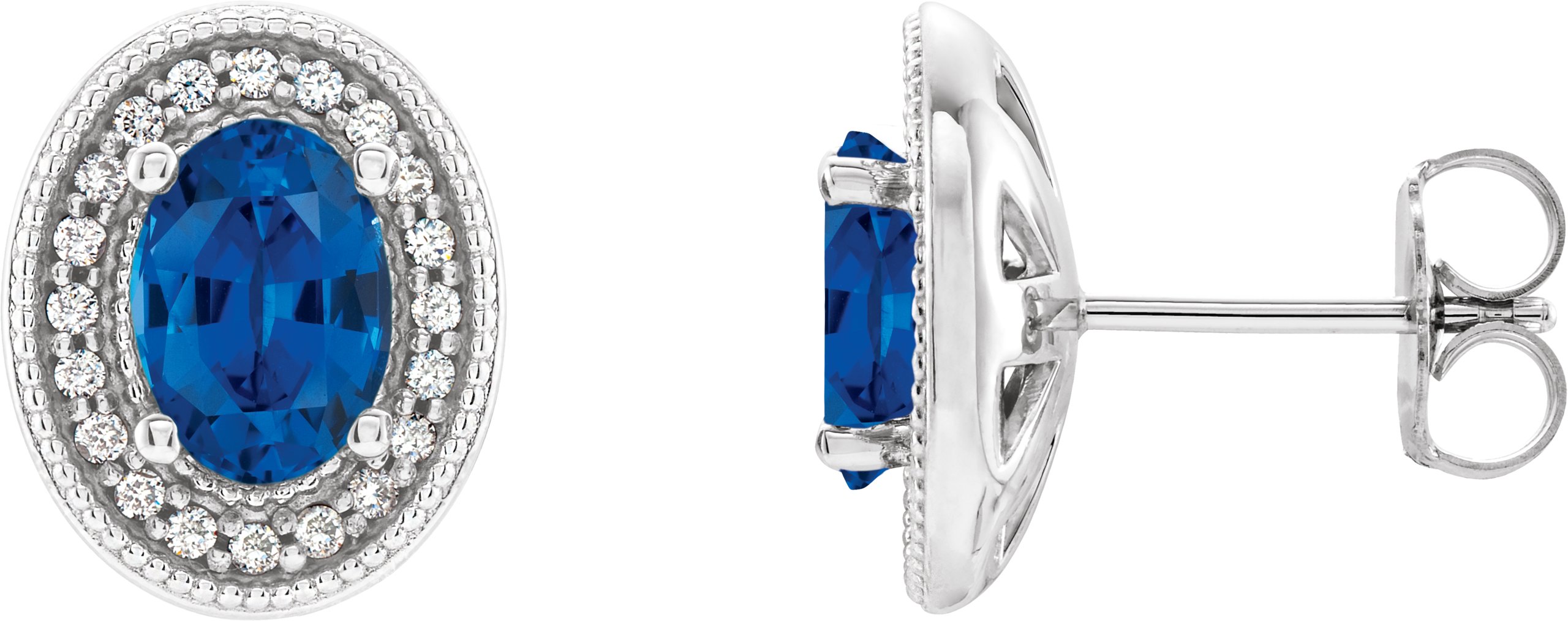 14K White Chatham® Created Blue Sapphire & 1/5 CTW Diamond Halo-Style Earrings      