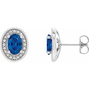 14K White Chatham® Created Blue Sapphire & 1/5 CTW Diamond Halo-Style Earrings