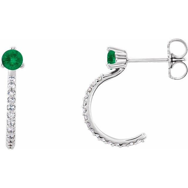 14K White Lab-Grown Emerald & 1/6 CTW Natural Diamond Hoop Earrings