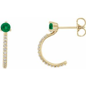 14K Yellow Lab-Grown Emerald & 1/6 CTW Diamond Hoop Earrings