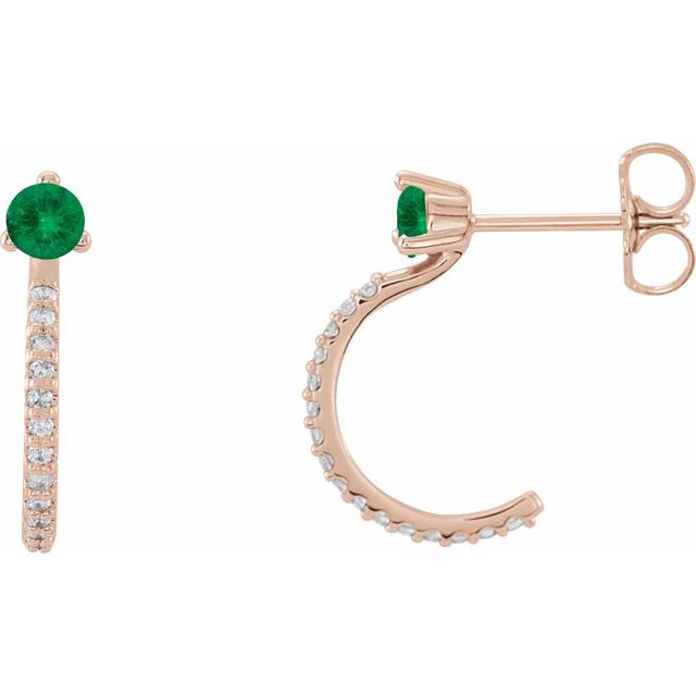 14K Rose Natural Emerald & 1/6 CTW Natural Diamond J-Hoop Earrings