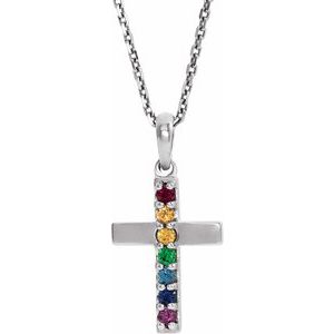 14K White Natural Multi-Gemstone Cross 16-18" Necklace