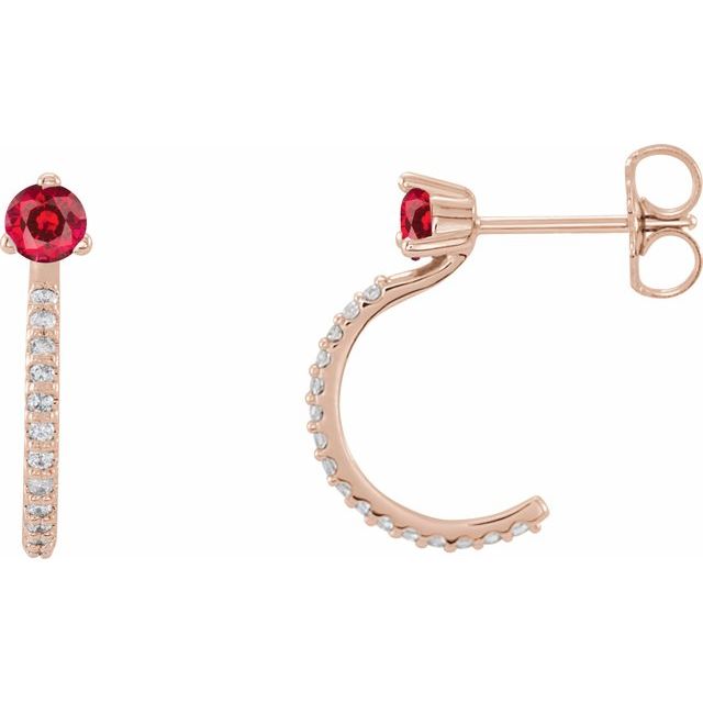 14K Rose Natural Ruby & 1/6 CTW Natural Diamond J-Hoop Earrings