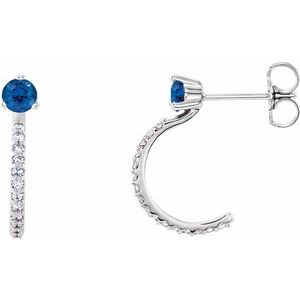 14K White Lab-Grown Blue Sapphire & 1/6 CTW Diamond Hoop Earrings