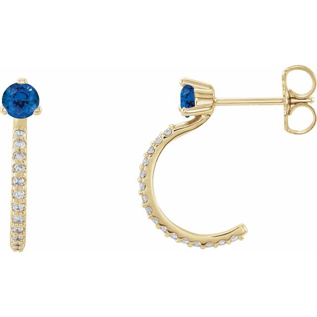 14K Yellow Lab-Grown Blue Sapphire & 1/6 CTW Natural Diamond Hoop Earrings