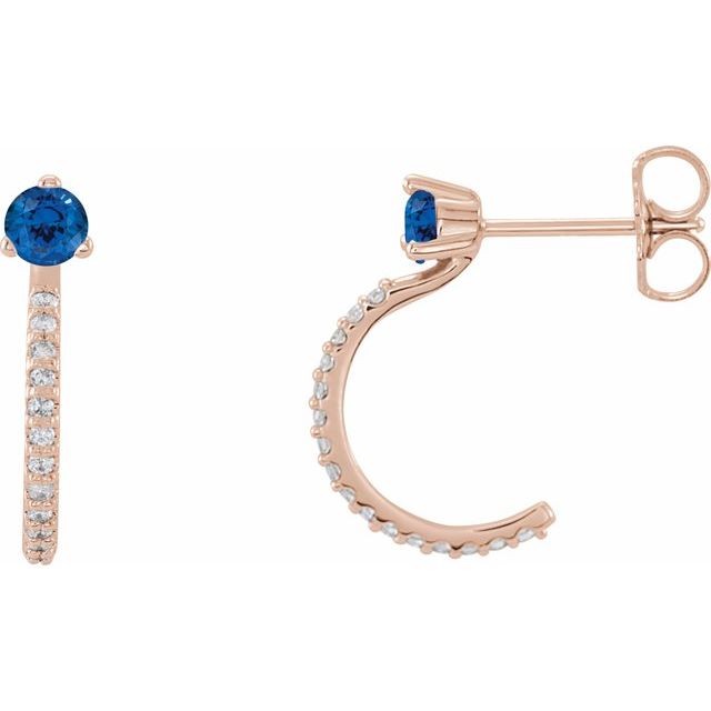 14K Rose Natural Blue Sapphire & 1/6 CTW Natural Diamond J-Hoop Earrings