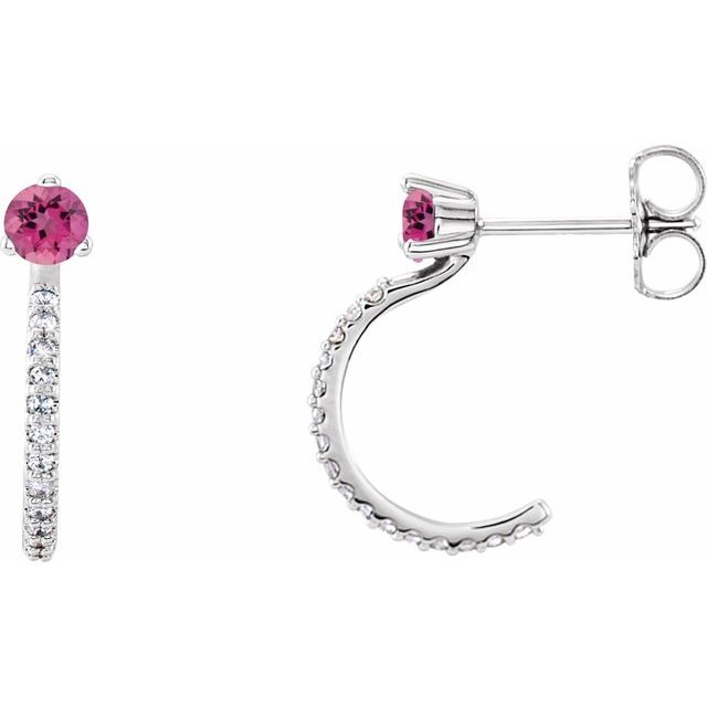Sterling Silver Natural Pink Tourmaline & 1/6 CTW Natural Diamond J-Hoop Earrings