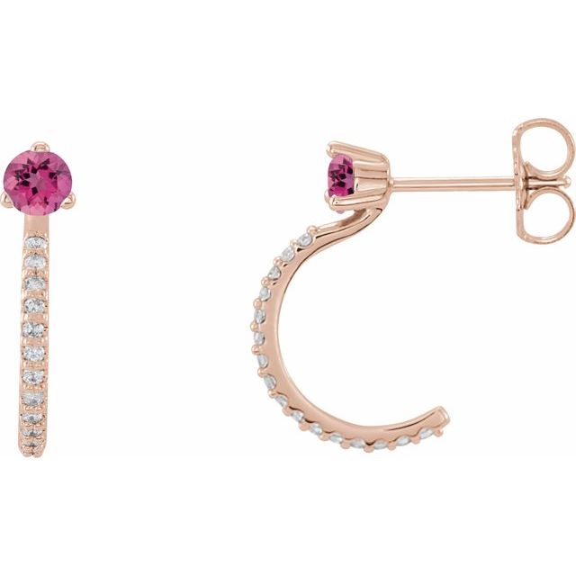 14K Rose Natural Pink Tourmaline & 1/6 CTW Natural Diamond J-Hoop Earrings