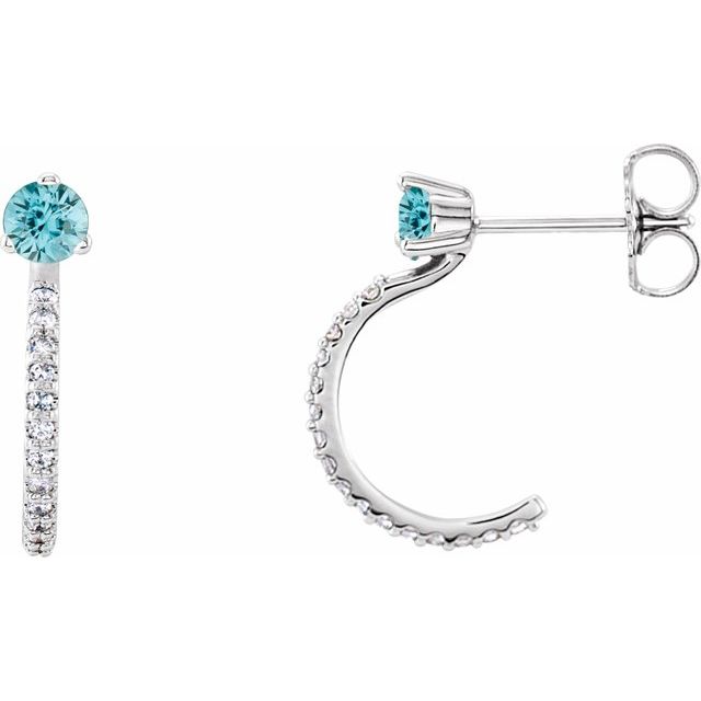 14K White Natural Blue Zircon & 1/6 CTW Natural Diamond J-Hoop Earrings