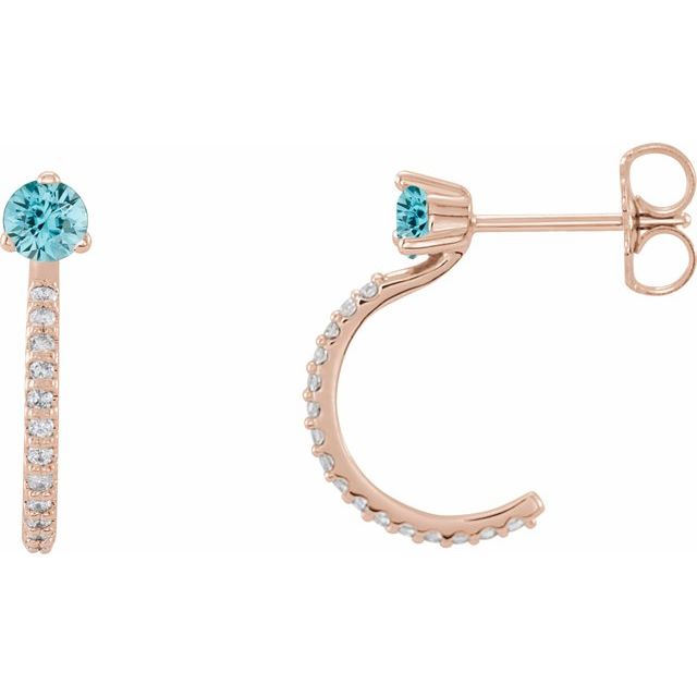 14K Rose Natural Blue Zircon & 1/6 CTW Natural Diamond J-Hoop Earrings