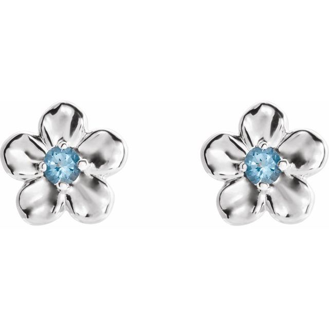 14K White Imitation Aquamarine March Birthstone Flower Earrings