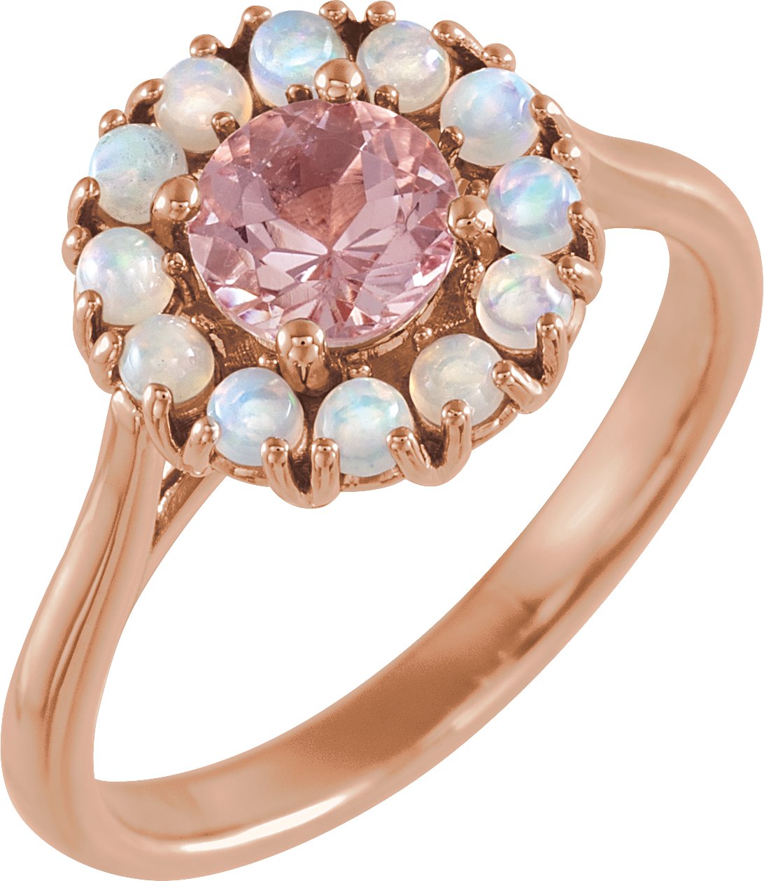 14K Rose Natural Pink Morganite & Natural Ethiopian Opal Halo-Style Ring