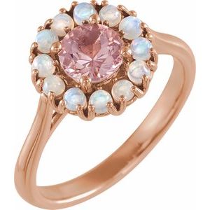 14K Rose Natural Pink Morganite & Natural Ethiopian Opal Halo-Style Ring