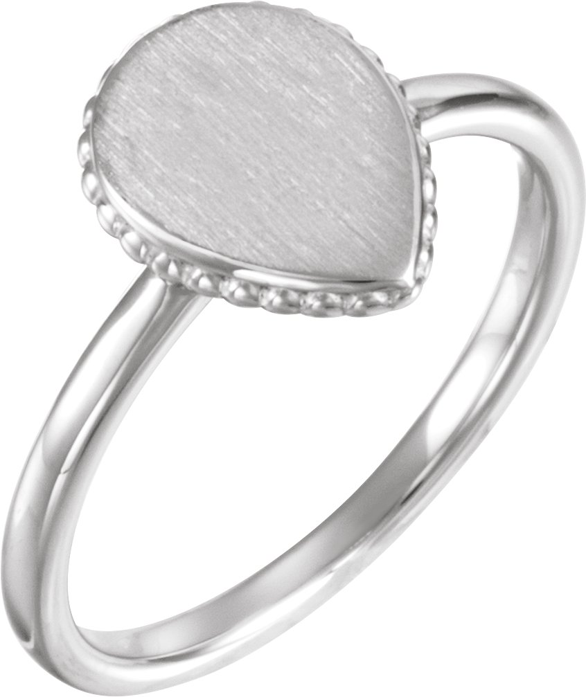 Platinum 12x9 mm Teardrop Beaded Signet Ring