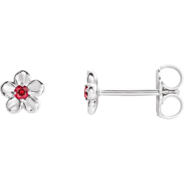 14K White Imitation Ruby July Birthstone Flower Earrings