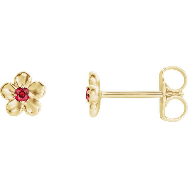 14K Yellow Imitation Ruby July Birthstone Flower Earrings