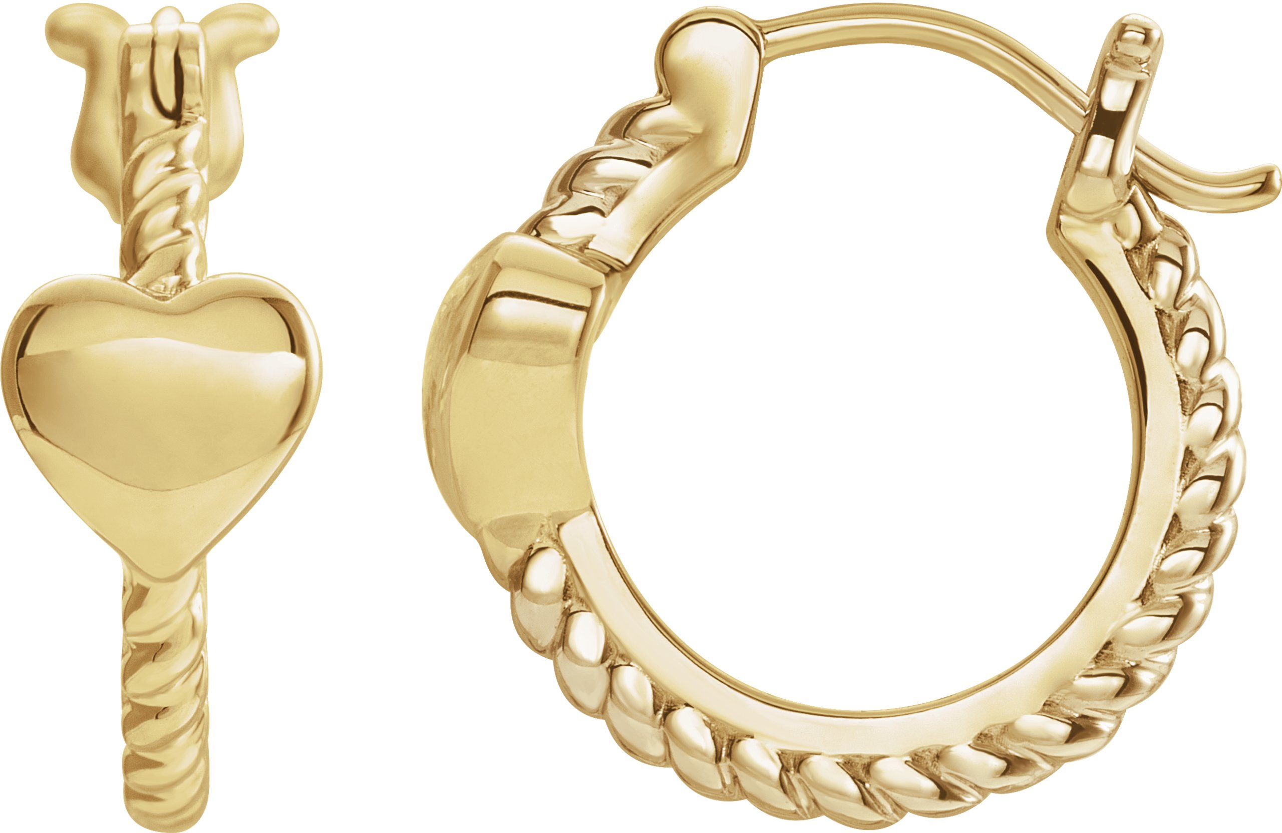 14K Yellow 14 mm Heart Rope Hoop Earrings