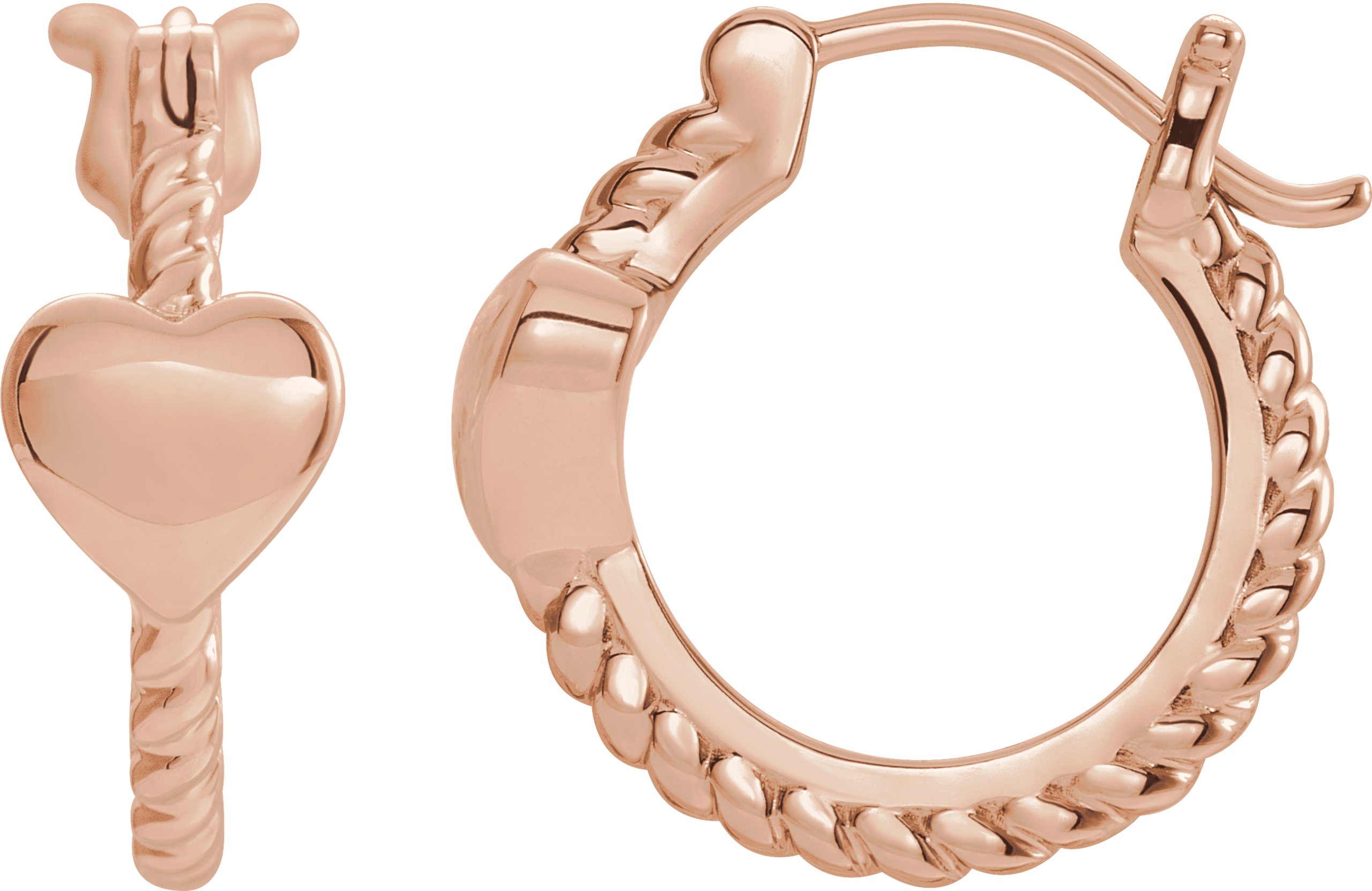 14K Rose 14 mm Heart Rope Hoop Earrings