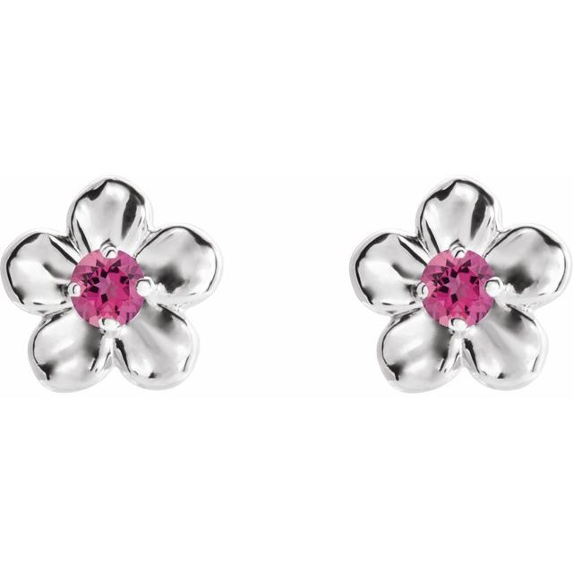 14K White Imitation Pink Tourmaline October Birthstone Flower Earrings