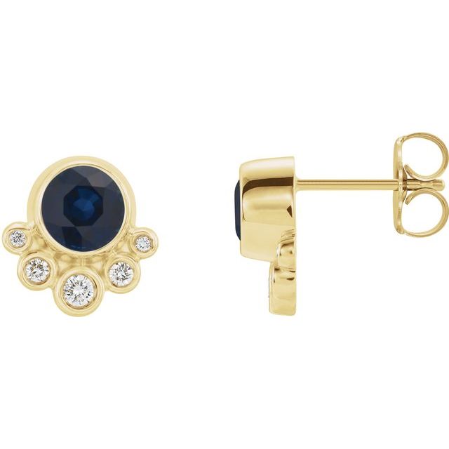 14K Yellow Natural Blue Sapphire & 1/8 CTW Natural Diamond Earrings