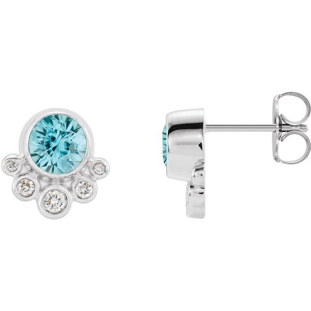 14K White Natural Blue Zircon & 1/8 CTW Natural Diamond Earrings