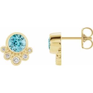 14K Yellow Blue Zircon & 1/8 CTW Diamond Earrings